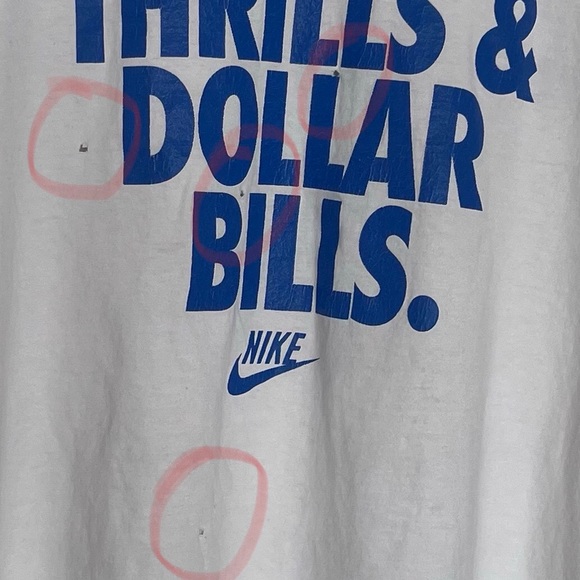 White Standard Fit Nike TShirt, Skills Thrills and Dollar Bills, Blue on White - Picture 3 of 3